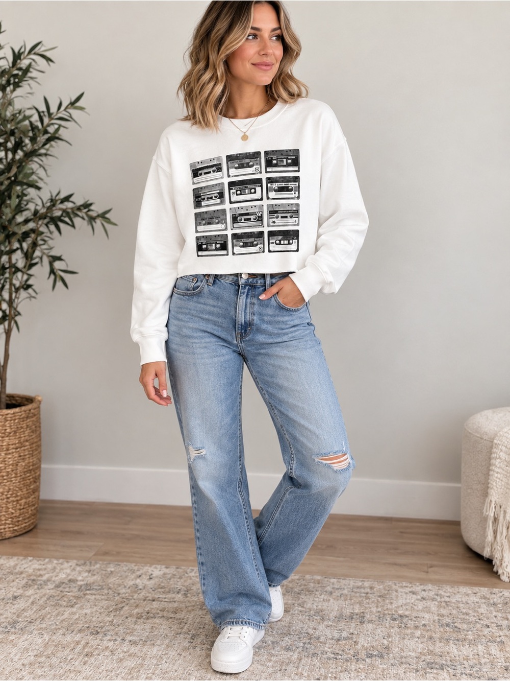 Women's White Graphic Cropped Sweatshirt with Retro Cassette Print NWT Small